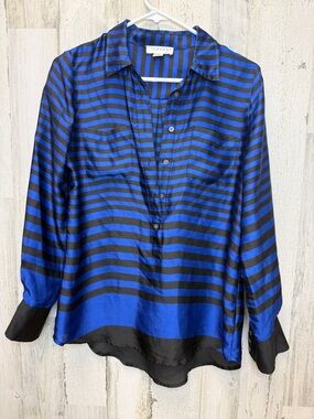 Kenar Black and Blue Striped Silk-Look Button Front Top